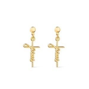 Brinco Dourado de Cruz com a palavra Jesus